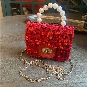 Red Sequin Mini Handbag with Pearl Handle